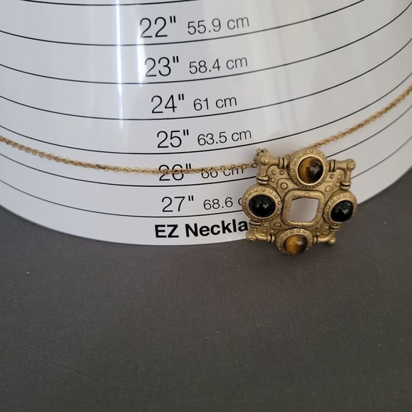 Premier Designs Gold Tone Pendant Necklace Tigers Eye Black Bead Industrial 26" - Picture 8 of 9